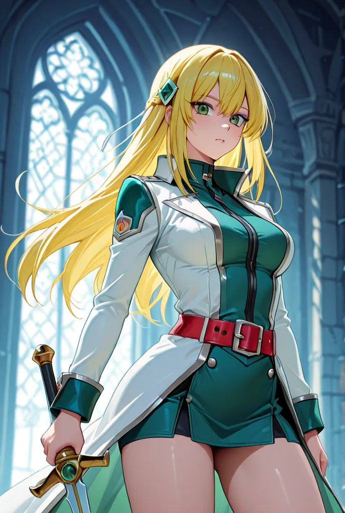 Create Yu-Gi-Oh style a beautiful woman with medium straight yellow hair with Chanel with emerald green eyes with medium breasts with medium hips with shapely legs wearing a stylish white overcoat with blue details with red belts adorned with a raised coll...