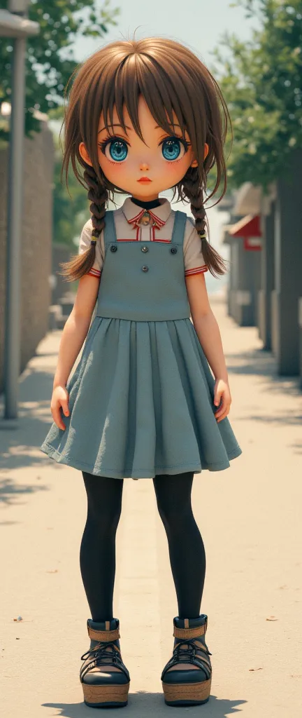 check_9, check_8_  upwards, check_7_  upwards,   1 girl ,   very young girl, blue eyes, in leggings,  in a short summer dress  ,  long brown hair, braided in two braids  ,    very sweet face   ,  collar,      in high-platform sandals and high heels,  ,   s...