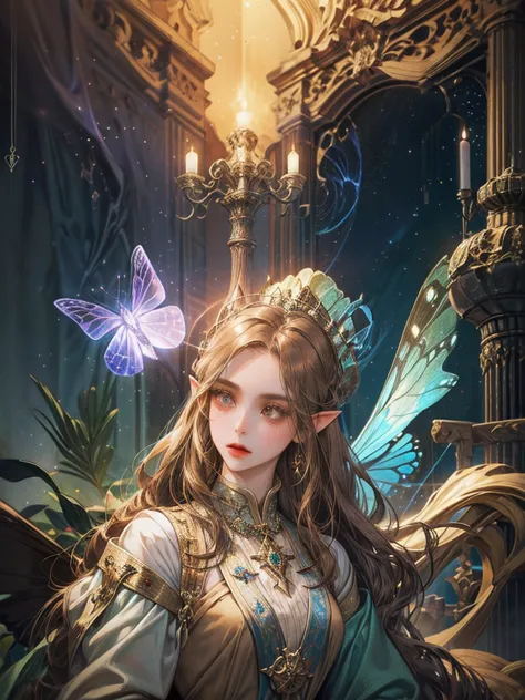  girl, Semi-elf ,  brown eyes, long brown hair, butterfly wings, white skin,  medieval clothing, Sorceress's staff, in a fantastic landscape, 4k, ultra detailed, realistic, studio lighting, physics-based rendering, vivid colors, fantasy, concept art