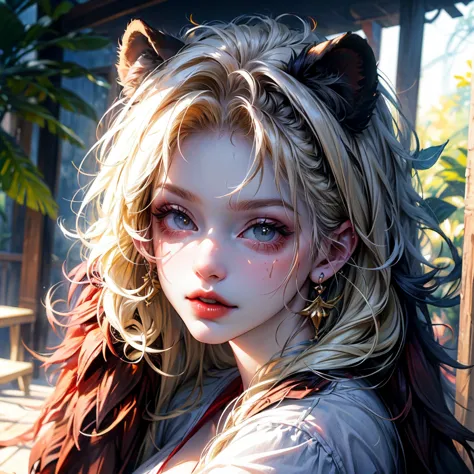 (Masterpiece:1.5), (best quality), (detailed), close up, 1girl, HD, semirealism, demihuman, wild curly thick dirty blonde hair, curly hair, marking on cheek, very tanned skin, Dark skin, full lips, smirking, in a jungle, lion ears, lion tail, posing, sharp...