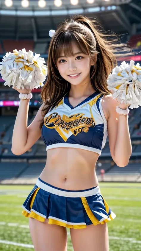 Product quality,1 girl,cheerleader with radiant skin,Kubby,  provocative dynamic poses being banged by excited students  ,20 years old,(( stadium background:1.2)),(holding big pompoms in both hands:1.5),smile, cheerleading,cheerleader with radiant skinunif...