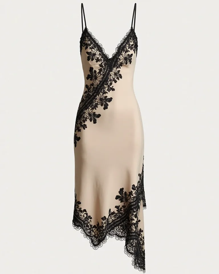 A stylish, elegant asymmetrical dress with a nude base and intricate black floral lace appliqués. The dress features a deep V-neck with delicate lace trim, thin spaghetti straps, and a fitted silhouette that accentuates the curves. The lace extends diagona...