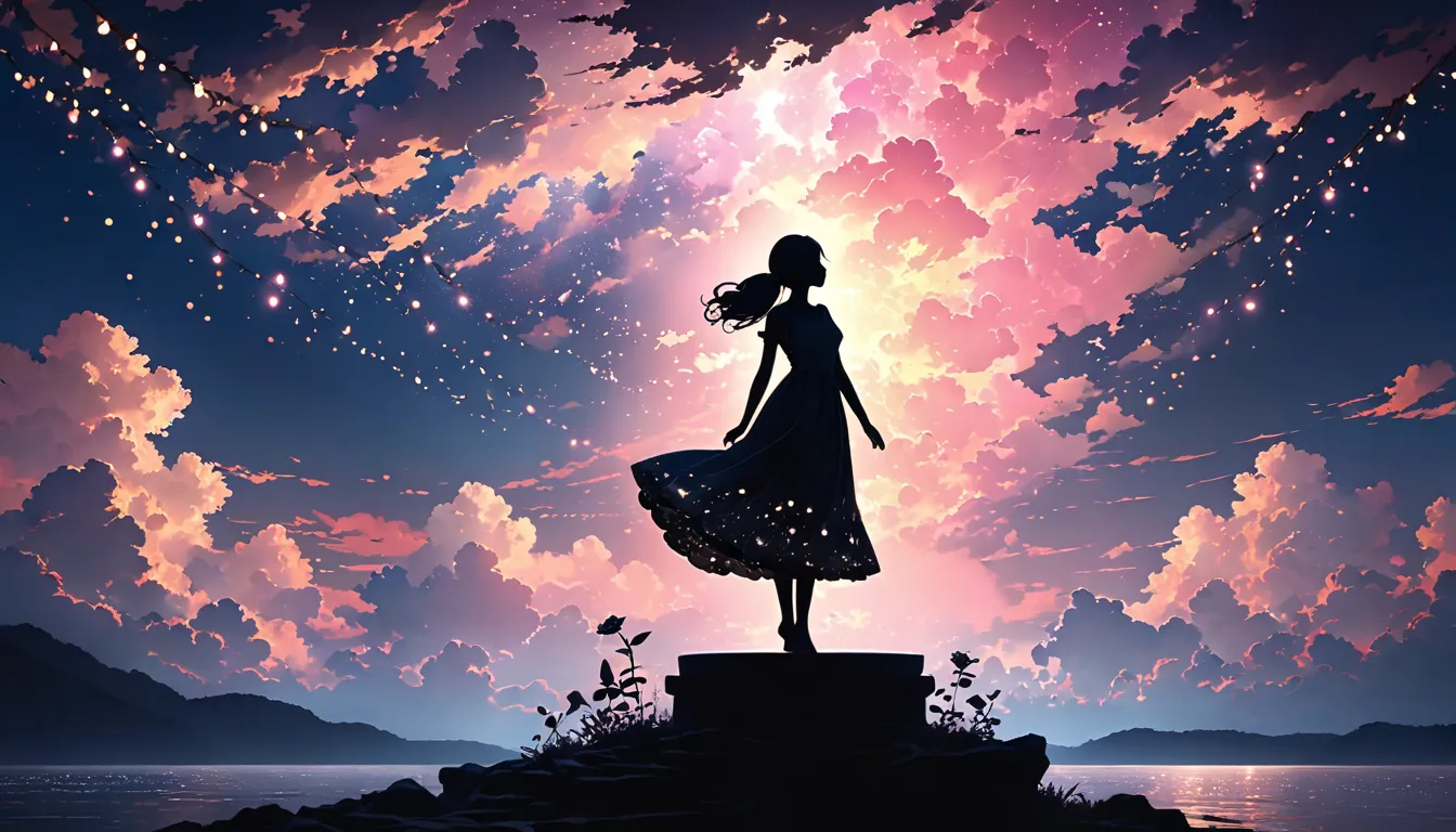 black human silhouette、This image is、 creates a stunning and enchanting contrast with the dark silhouette {x} depicts a black silhouette of a girl standing against a beautiful blue sky and pink clouds。 The girl rises from near the horizon to deep white .. ...