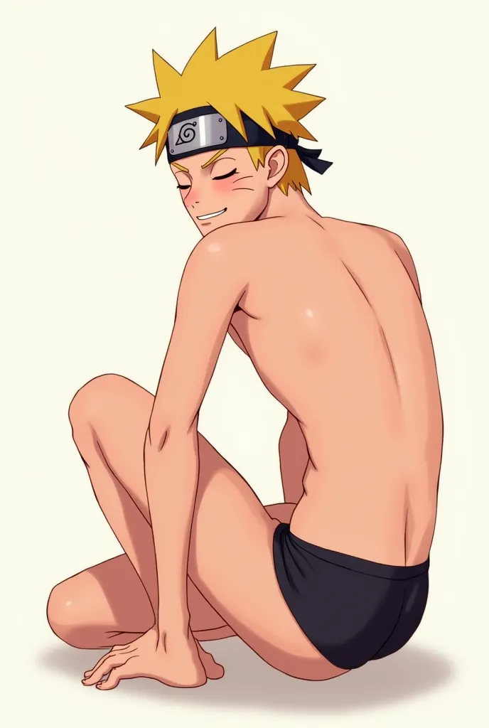  male，Naruto，Uzumaki Naruto， 8-pack abs ，Thin muscle，figure，wear no clothes，显著 male，sit down，lift your left leg，expression laughing，Slightly blushing， doesn't wear pants，No underwear， extremely fine ，Has a penis