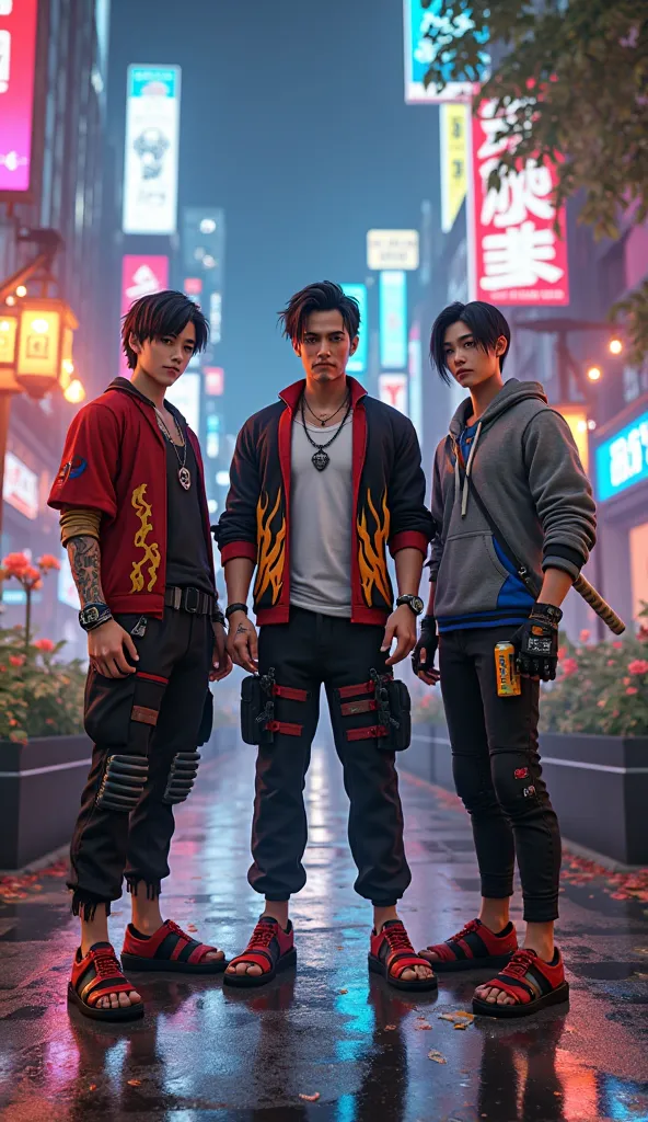 A highly detailed 3D-rendered scene featuring Tatsuya, Maxim, and Hayato from Free Fire, standing together in an urban street environment at night, illuminated by the neon glow of the city. The setting is a fusion of cyberpunk and realistic urban design, w...