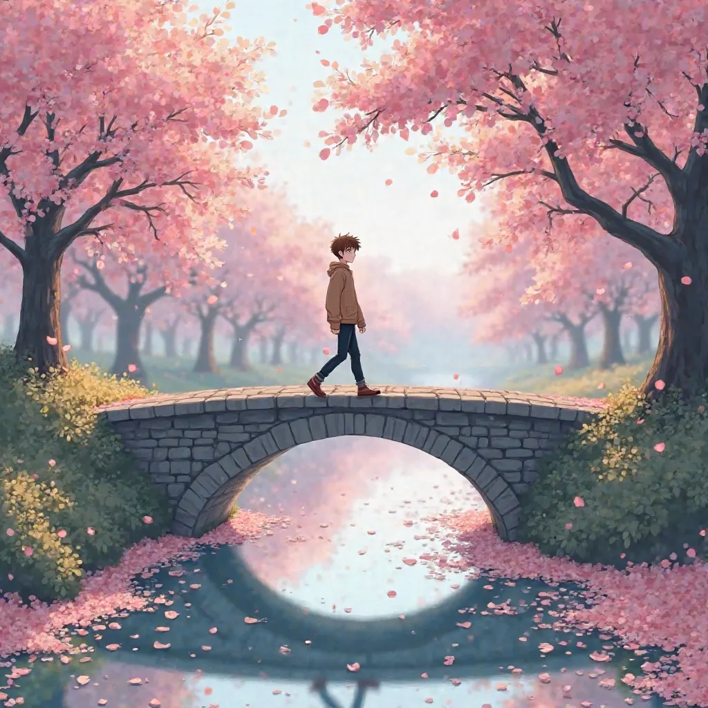 anime male, light brown hair, light blue eyes, brown sweater, black pants, walking on bridge on top of river covered in pink peddle, cherry blossom trees