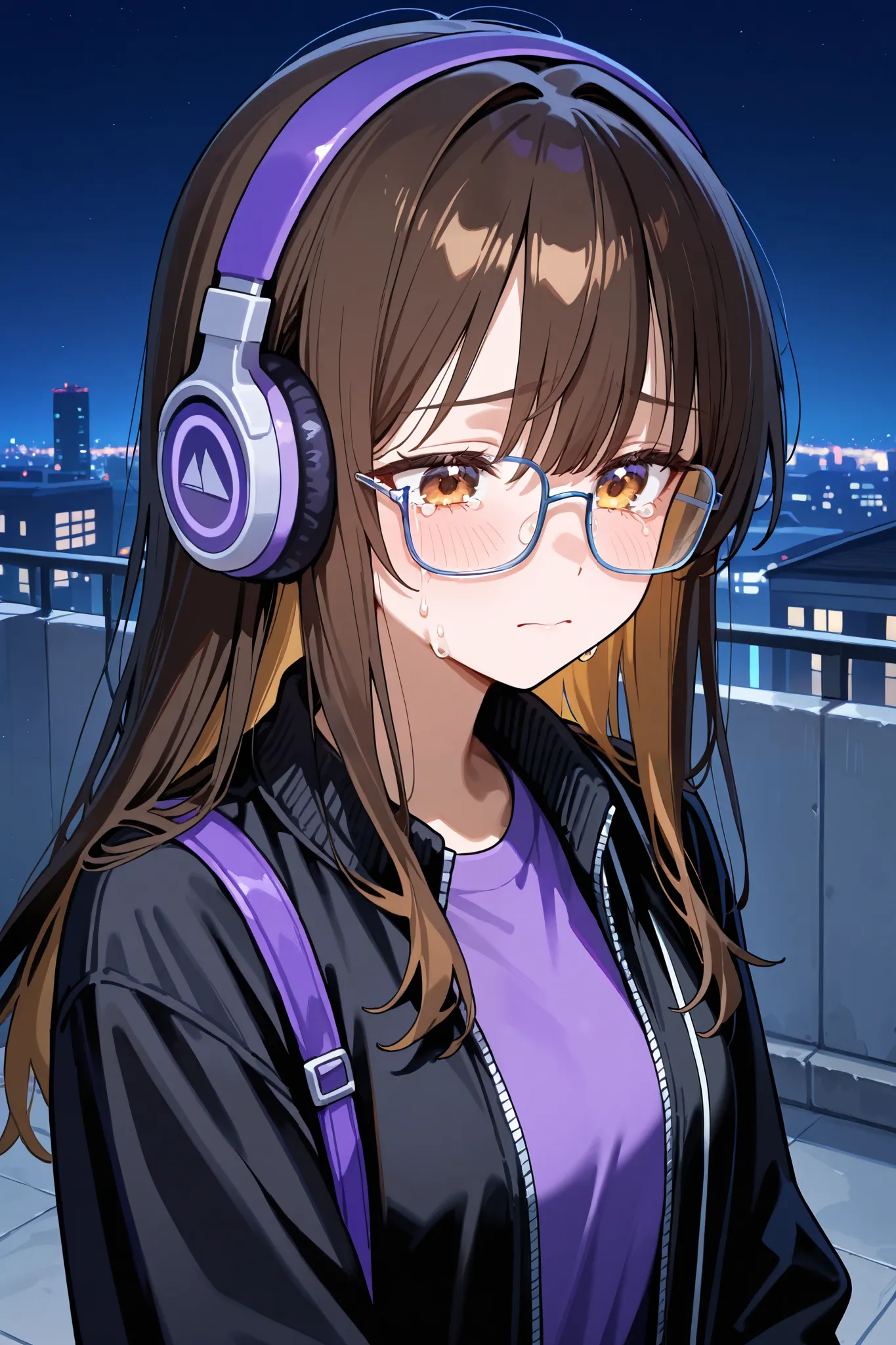 Sad brunette, tears, long hair, square glasses, hazel eyes, purple band tee, black jacket unzipped, headphones, rooftop setting, night