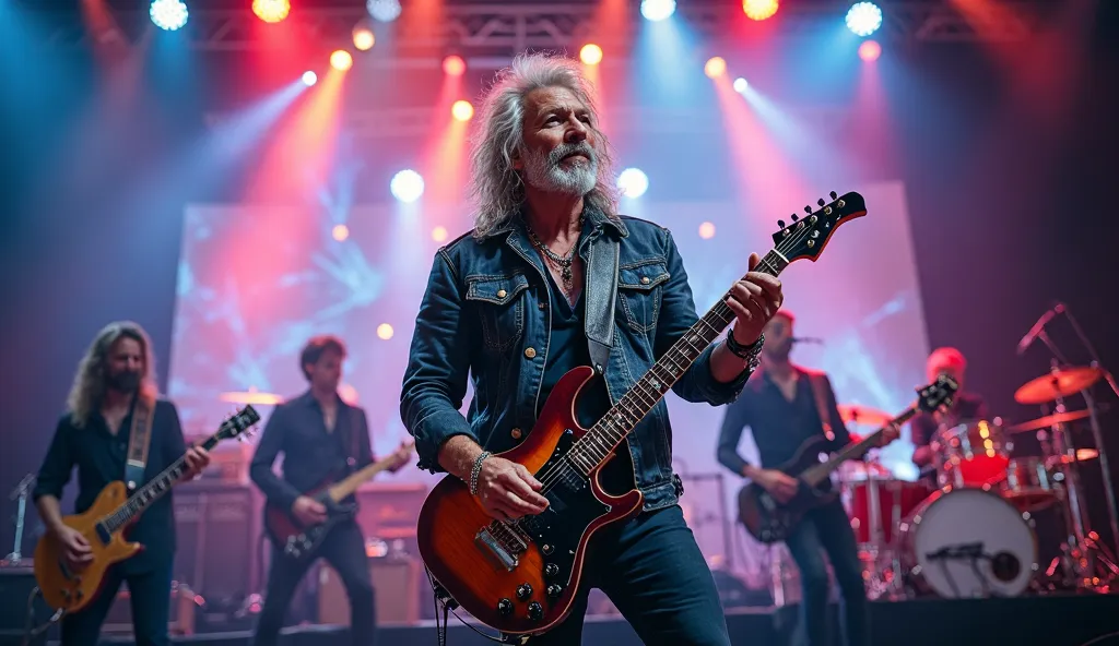 A rock singer similar to Jon Bon Jovi,  with a beard because he is , on stage, Holding a microphone with one hand (avoiding complex details on the hands) And a guitar on the other, singing with energy. In the background, other musicians from the band: a gu...