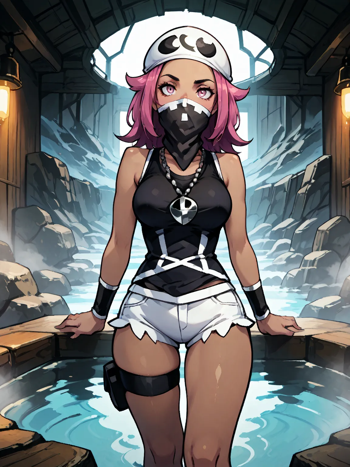 team skull grunt, pink eyes, pink hair, medium hair, dark skin, dark-skinned female, bandana, bandana over mouth, short shorts, shorts, team skull, thigh strap, shirt, black shirt, sleeveless, necklace, 8k, Obra maestra, mejor calidad, ultra detallado, det...