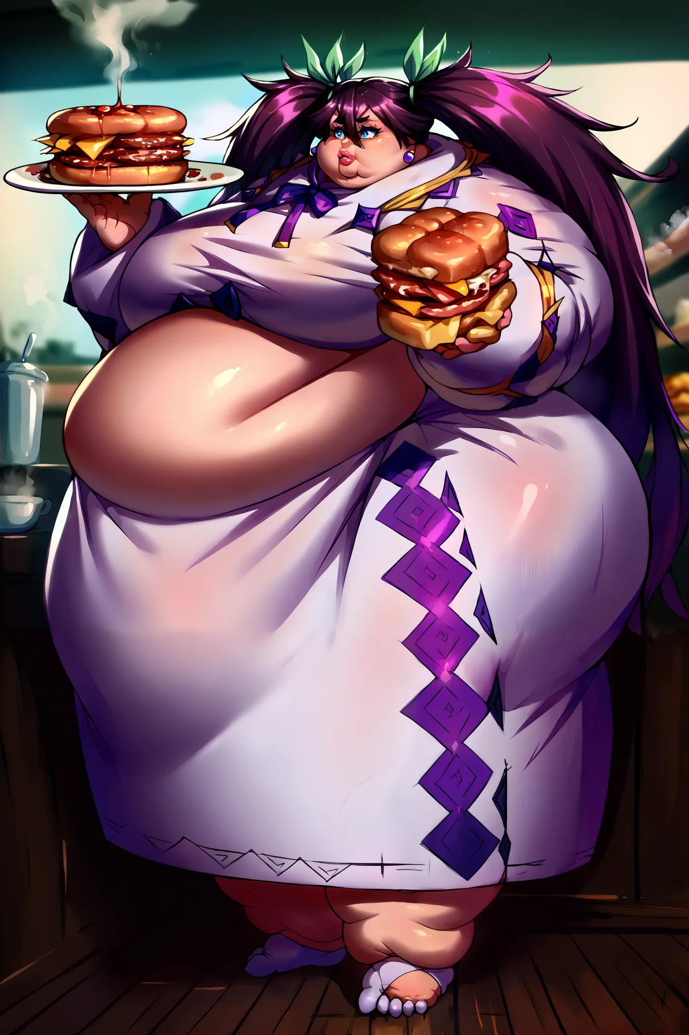 alka, long_hair, purple_hair, twintails, ribbon, jewelry, earrings, blue_eyes, long_sleeves, dress, restaurant, holding boned_meat, steam on meat, eating, giant hands, giant feet, fat, chubby, obese, gigantic arms and legs, gigantic breasts, sagging breast...