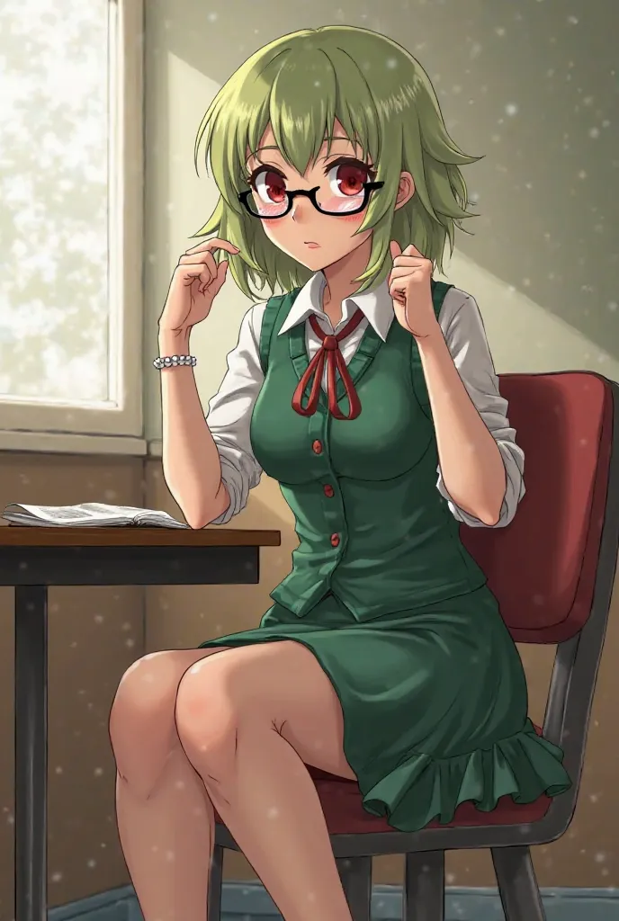 Cross-legged muslin adult lady with short light green hair and red eyes with black glasses ( dress: From teacher,  transparent tights and black heels). In a bitter and angry class. In the style of the anime Shojo-Josei.