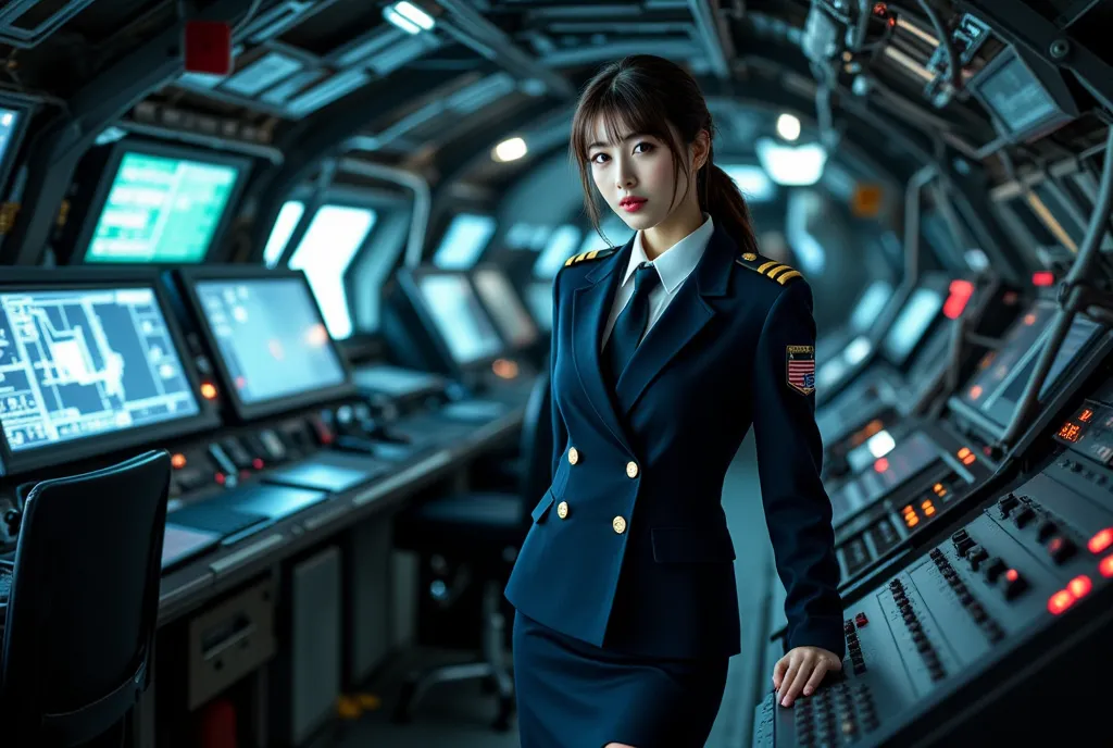 Sexy beautiful Japanese woman, a self defense officer uniform, wearing a white long-sleeved shirts, navy blue tailored jacket, navy blue tie, navy blue pencil skirt, Black patent high heels, beautiful hip-line, Beautiful thighs, A woman stands with authori...