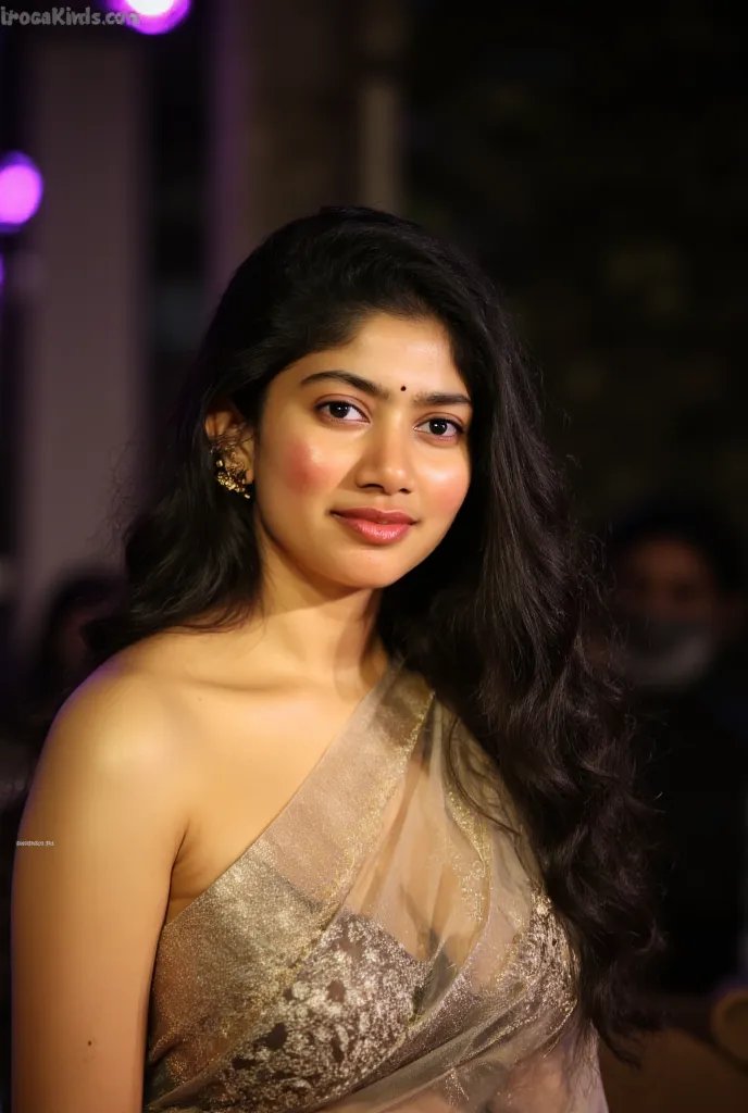  "Sai Pallavi
wearing transparent saree,
showing deep navel,low neck
blouse, night time, Full size
body, clear face detail,dark
lipstick,32k quality", ( huge boobs) 