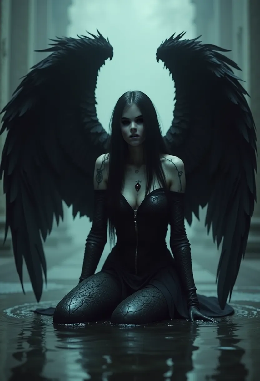 Crooked woman with wings sitting in a pool of water, Fallen Angel, Angel with black wings, black angel, villainess has black angel wings, Raven Angel Wings , dark feathered wings, black angel wings, black wings instead of arms ,  angelic wings on your back...