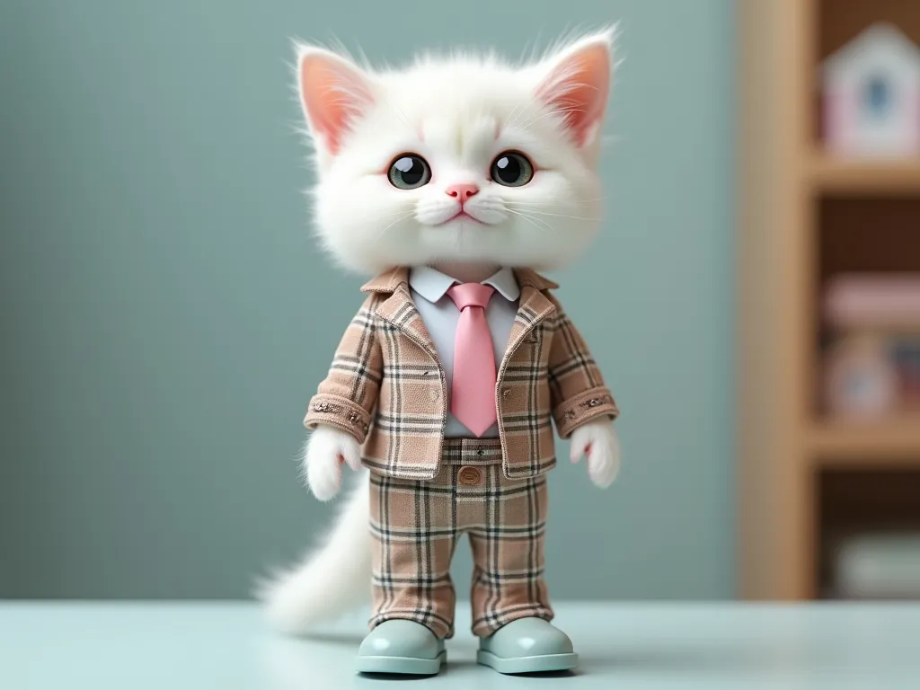 Cute  white kitten , I'm standing in a tartan check jacket and pants.He's wearing a pink tie. he's wearing pale blue shoes.     , standing in the background of a pastel of Workstation blur. Look at the chest, high quality,  masterpiece, Look at the chest, ...