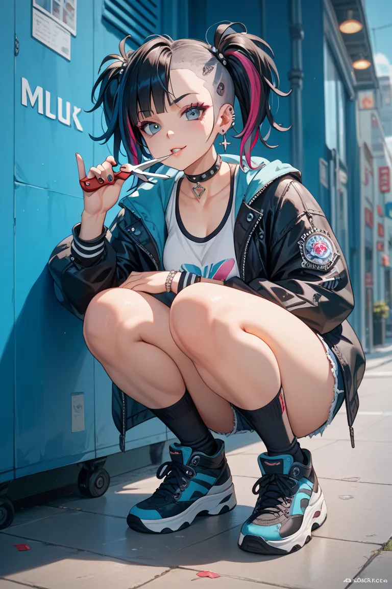 punk　girls　squatting　Erotic　from 45° in front　face　pigtails　accurate human body　Holding scissors in one hand　full body　provocative