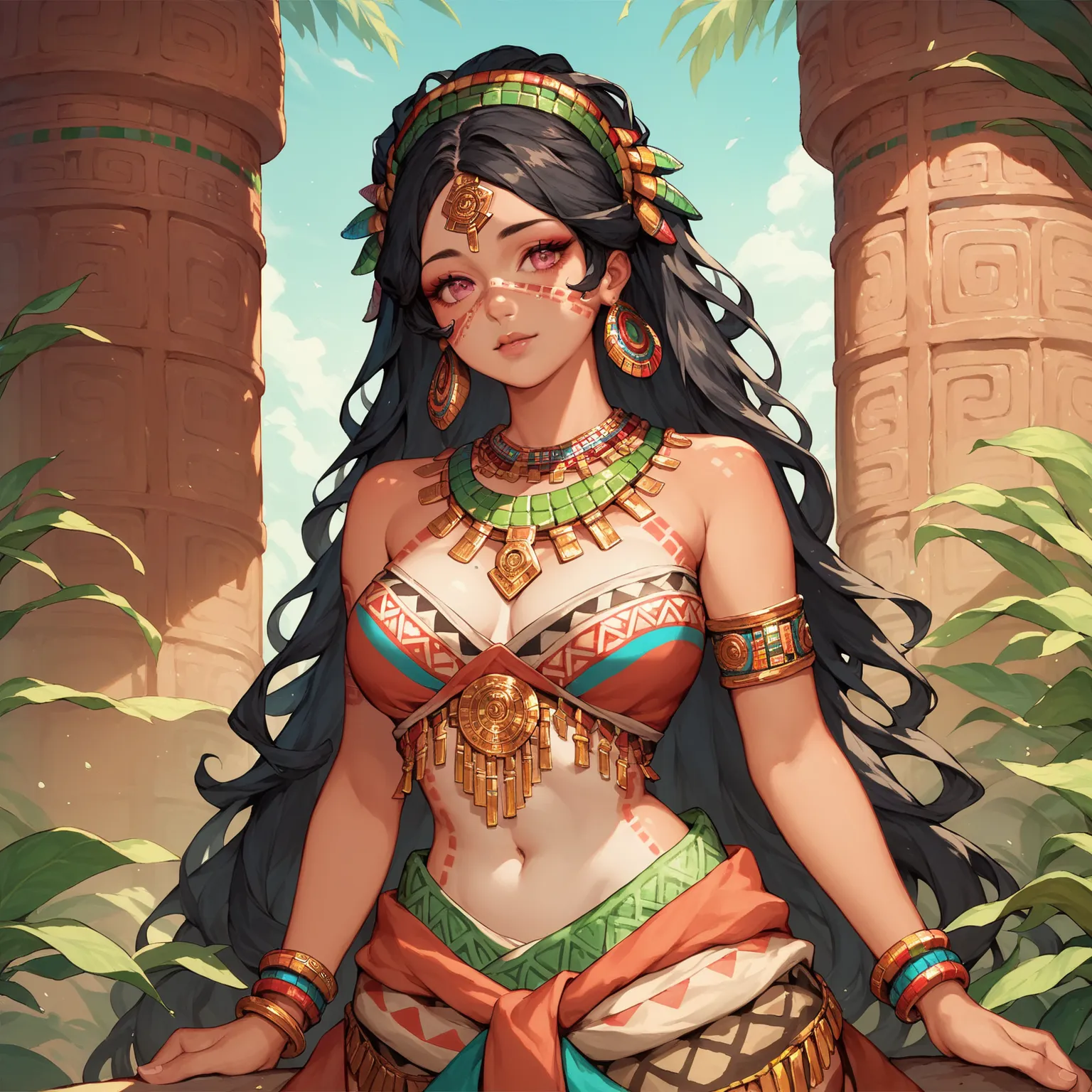 1girl, aztec girl, beautiful girl, beautiful face, aztec ornament, black hair, long hair, pink eyes, beautiful multicolored chest band, multicolored skirt, fragile body, white skin, neat facial features, (anime style:1.3) 