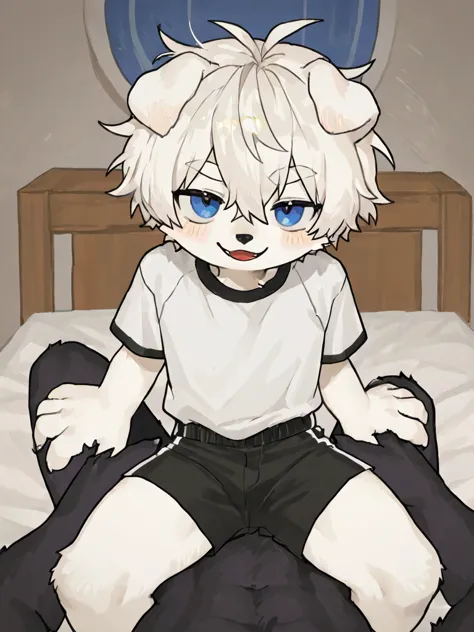  source_ furry, hadrian , furry male， elementary school students，((boy   )),  Dog boy  ，short hair,masterpiece, newest,absurdres, incredibly absurdres, messy hair, cute anthro, Alone， black fur， white body ，shirt， A boy  knelt beside the boy , grabbing ano...