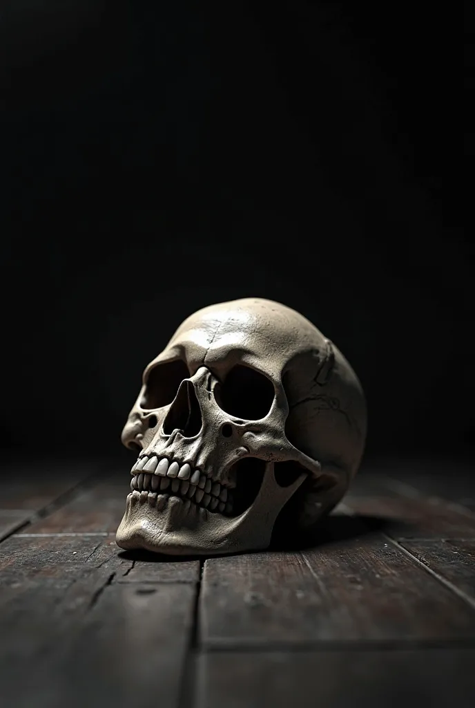 realistic skull place on floor, semi side view, black background, eerie, grim