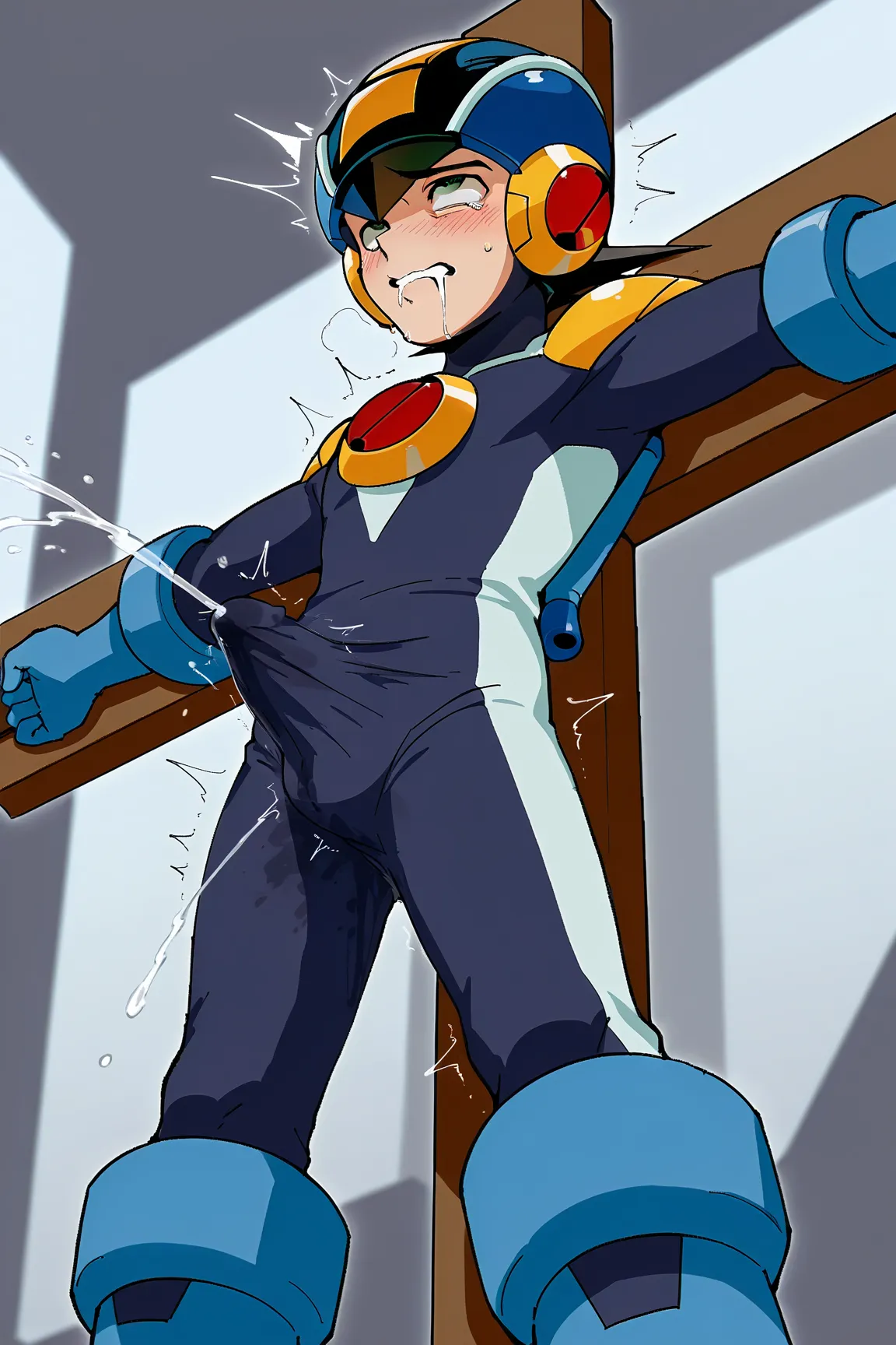 masterpiece, best quality, 1boy, solo, source_anime megaman, black hair, green eyes, helmet, bodysuit, gloves, boots, bulge, X-shaped crucifixion, stationary restraints, wide spread legs, spread arms, , Semen seeping from the tip of the glans through the s...