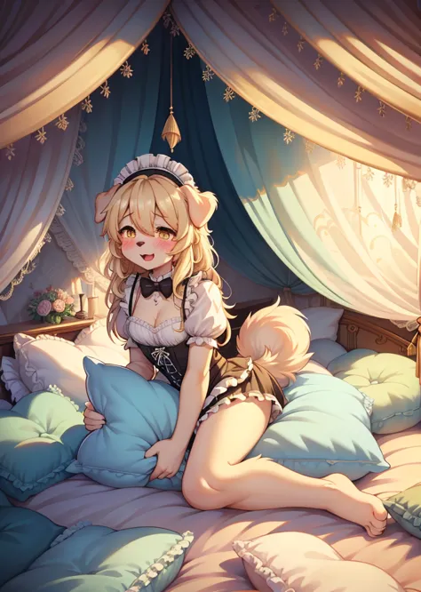 （ masterpiece，Best Quality），, {{masterpiece}}, {highres}, original, extremely detailed 8K wallpaper,，，nature,, (blush),A smile，,（Lots of Pillow），Soft cushion，（mosquito net bed ），，，，（A tail），（Around the protagonist），steam，（Pillow），（LuxuryPillow），，（，（ classi...