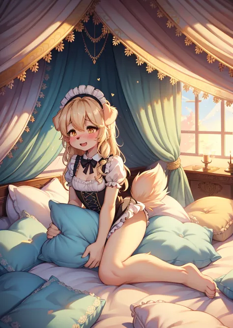 （ masterpiece，Best Quality），, {{masterpiece}}, {highres}, original, extremely detailed 8K wallpaper,，，nature,, (blush),A smile，,（Lots of Pillow），Soft cushion，（mosquito net bed ），，，，（A tail），（Around the protagonist），steam，（Pillow），（LuxuryPillow），，（，（ classi...