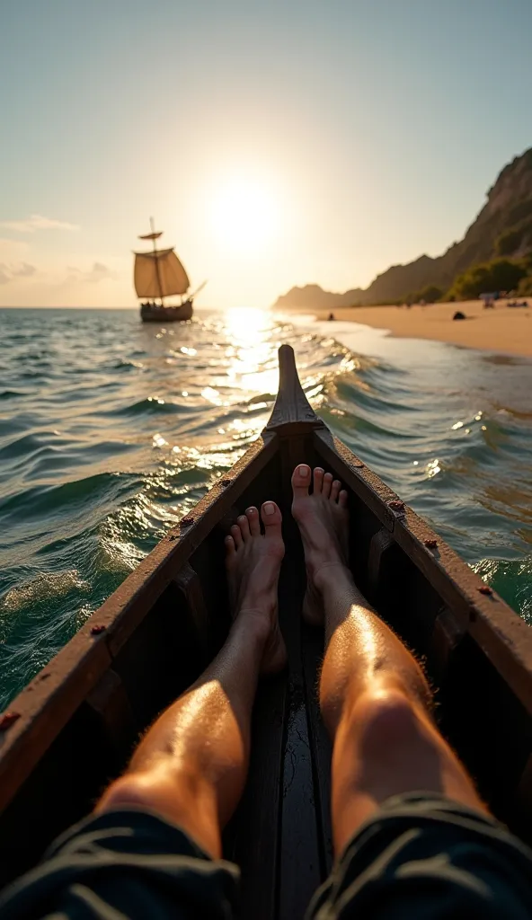 The view is in first-person, showing your wet feet on the small wooden boat, feeling the gentle movement of the waves, the wind on your face, and the salty water splashing onto your legs. The boat rocks gently with the rhythm of the calm waves, and you can...