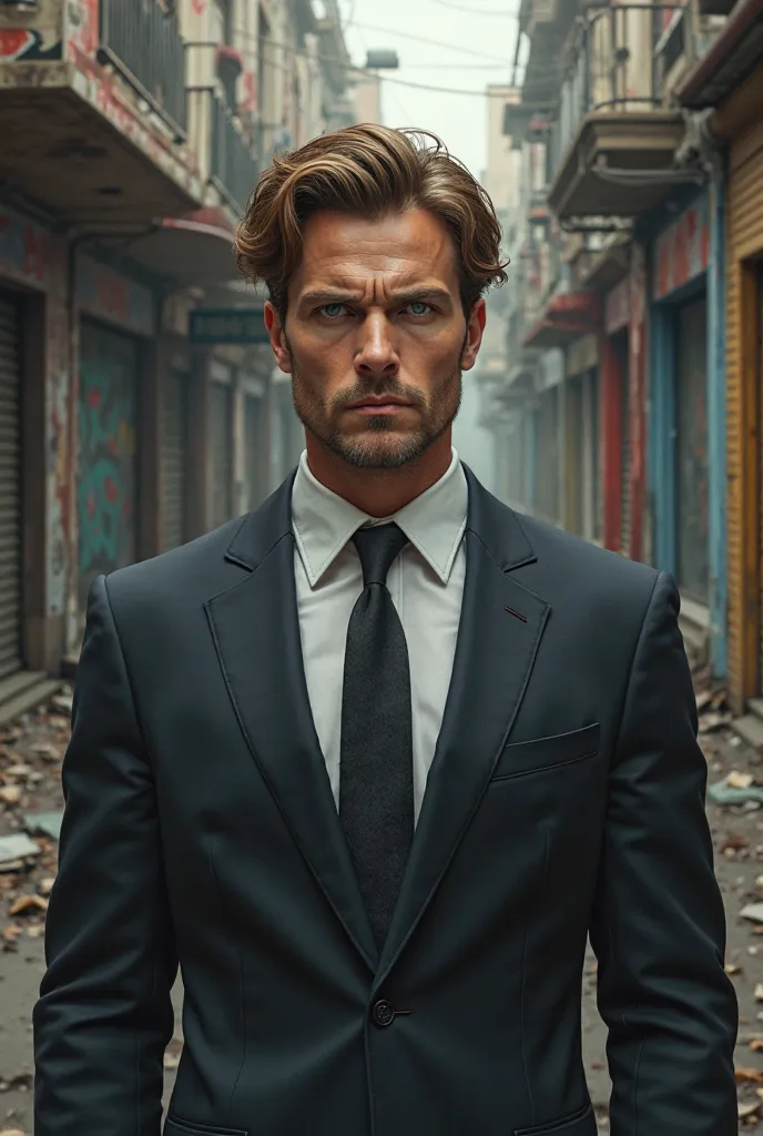 (photorealism:1.2), Handsome man with light brown hair and blue eyes, white skin, wearing a suit and a look full of contempt, desolate street background.
