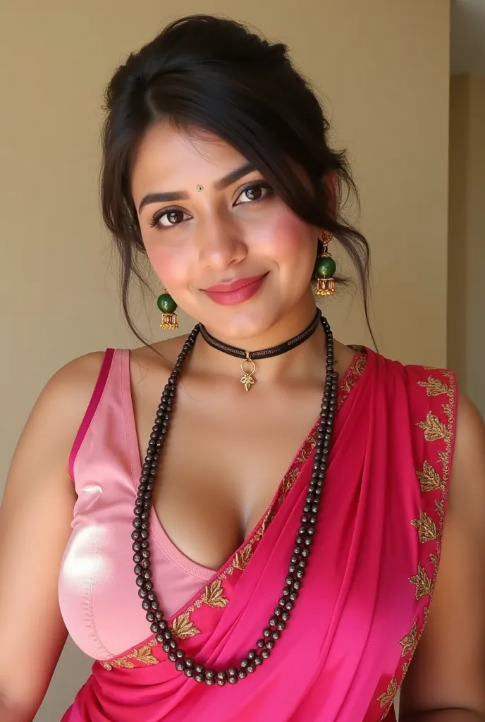 Indian beautiful woman sexy bhabhi, Big huge enomours gigantic humgous breast,very deep cleavage,curvy plus size model wearing one piece suit,  satin glossy sleeveless transperent blouse, dark pink string bra inside, plenty dark color bangles in hand,bindi...