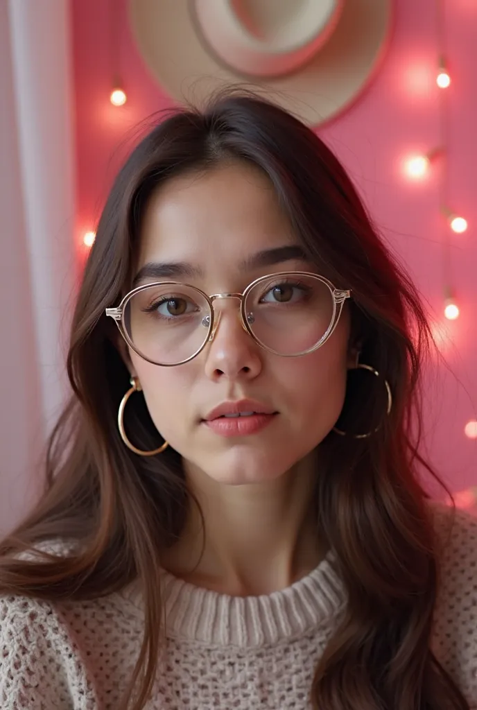  girl with dark brown hair, long haircut. She wears round glasses with a thin metal frame. She also has large hoop earrings.  Her makeup is light and natural ,  with an emphasis on the eyes and lips , it is wrinkle-free. The photo background is decorated w...