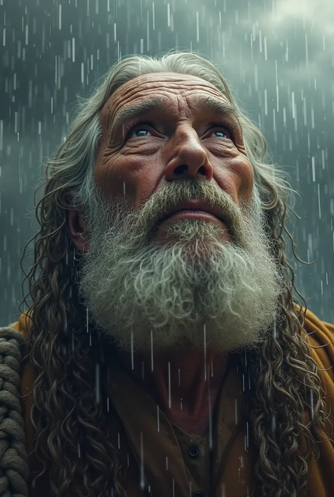 Face of Noah from the Bible an old man looking up in the rain in cloudy weather, With a wet and runny face because of the rain