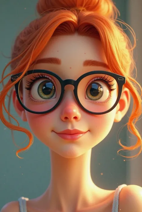 feminine, orange hair with a bun in the hair,With glasses and style animate the character and let only the face appear 