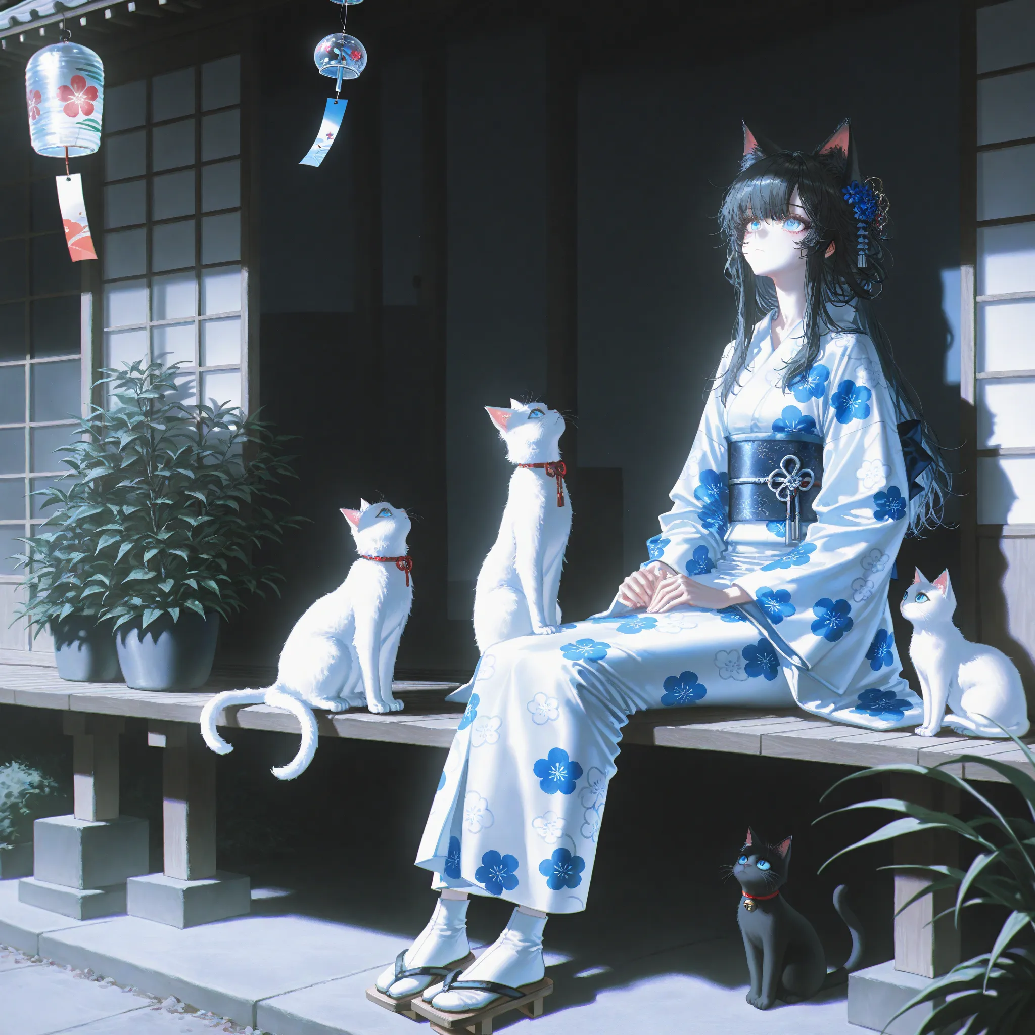 masterpiece,best quality,artist:john_kafka,artist:nixeu,artist:quasarcake,chromatic aberration,film grain,high contrast,color contrast,cold colors,gritty,graphite \\\\(medium\\\\),
cat, 1girl, kimono, japanese clothes, black hair, animal ears, sitting, whi...