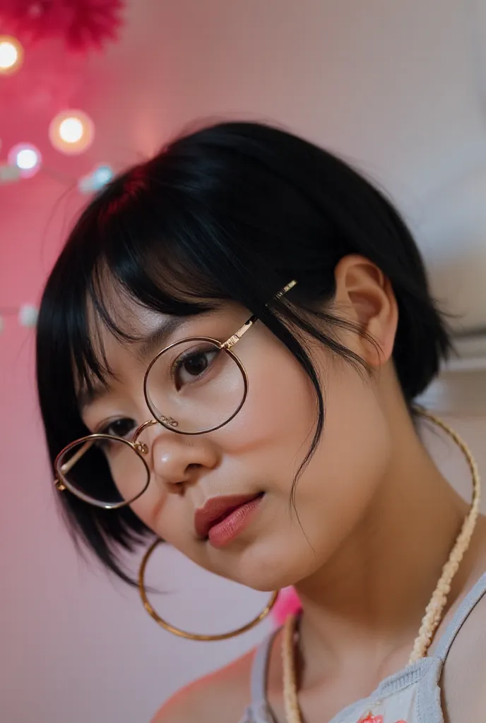  young girl with black hair,  short hair . She wears round glasses with a thin metal frame. She also has large hoop earrings.  Her makeup is light and natural ,  with an emphasis on the eyes and lips . The photo background is decorated with pink lights, an...