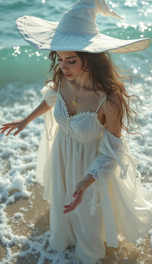 A beautiful woman in a white witch's hat, dressed in white, brown hair in the sea tilting her face, watching as a face that is in the sand fades from her hands. 