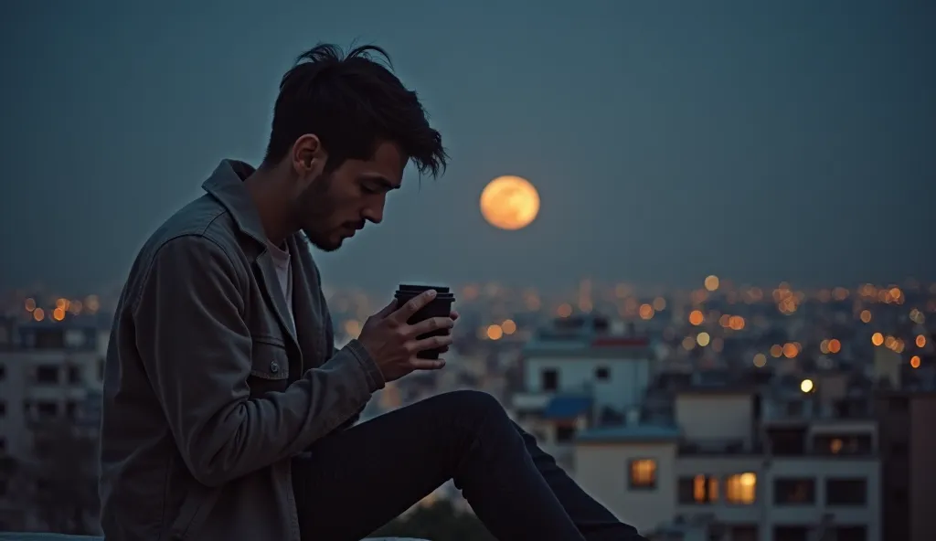 a person drinking coffee on the roof at night, full moon in the background, detailed facial features, thoughtful expression, hands cupping mug, sitting on ledge, night sky, glowing moon, city skyline, warm lighting, cinematic composition, professional phot...