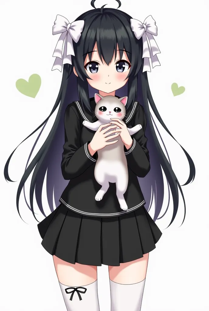 She is an anime girl with long black hair and white bows on both sides of her head, black eyes, wearing a black school uniform, a short skirt, and white stockings with a bow on them. She is holding a cat in her hands