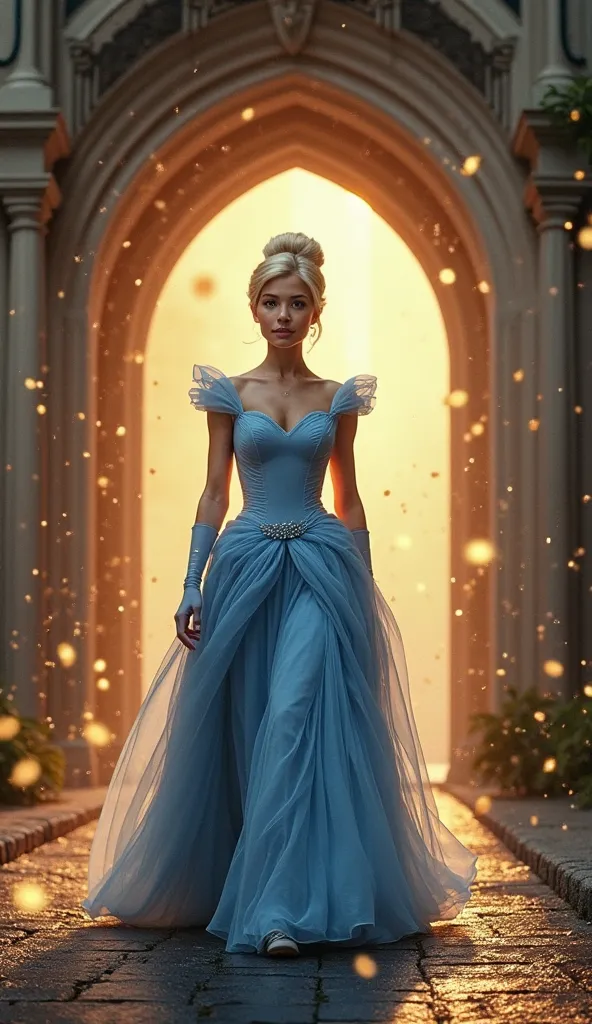 Realistic Style):
A highly realistic depiction of Cinderella walking out of a magical portal into a real-world urban setting. Her gown transforms slightly into a modern yet elegant blue dress, still retaining hints of her fairy tale origins. The lighting i...