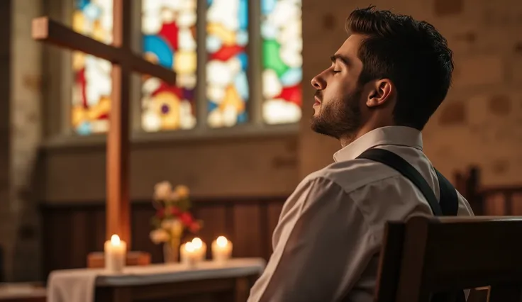 A handsome man with well-defined features sits slightly away from the camera beside a grand wooden cross, his eyes closed and head bowed in deep prayer. The background, captured with a realistic high-resolution bokeh effect, softly blurs the altar adorned ...