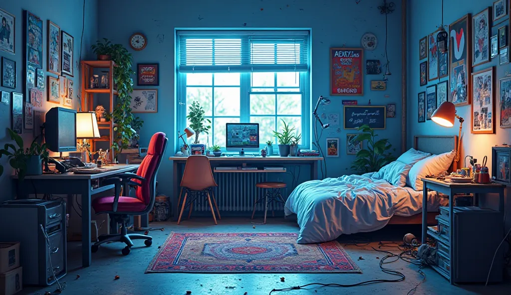 YouTuber Studio style room with a slightly messy bed in the background and bluish light reflecting comic book style but with no one inside just the objectives and furniture in