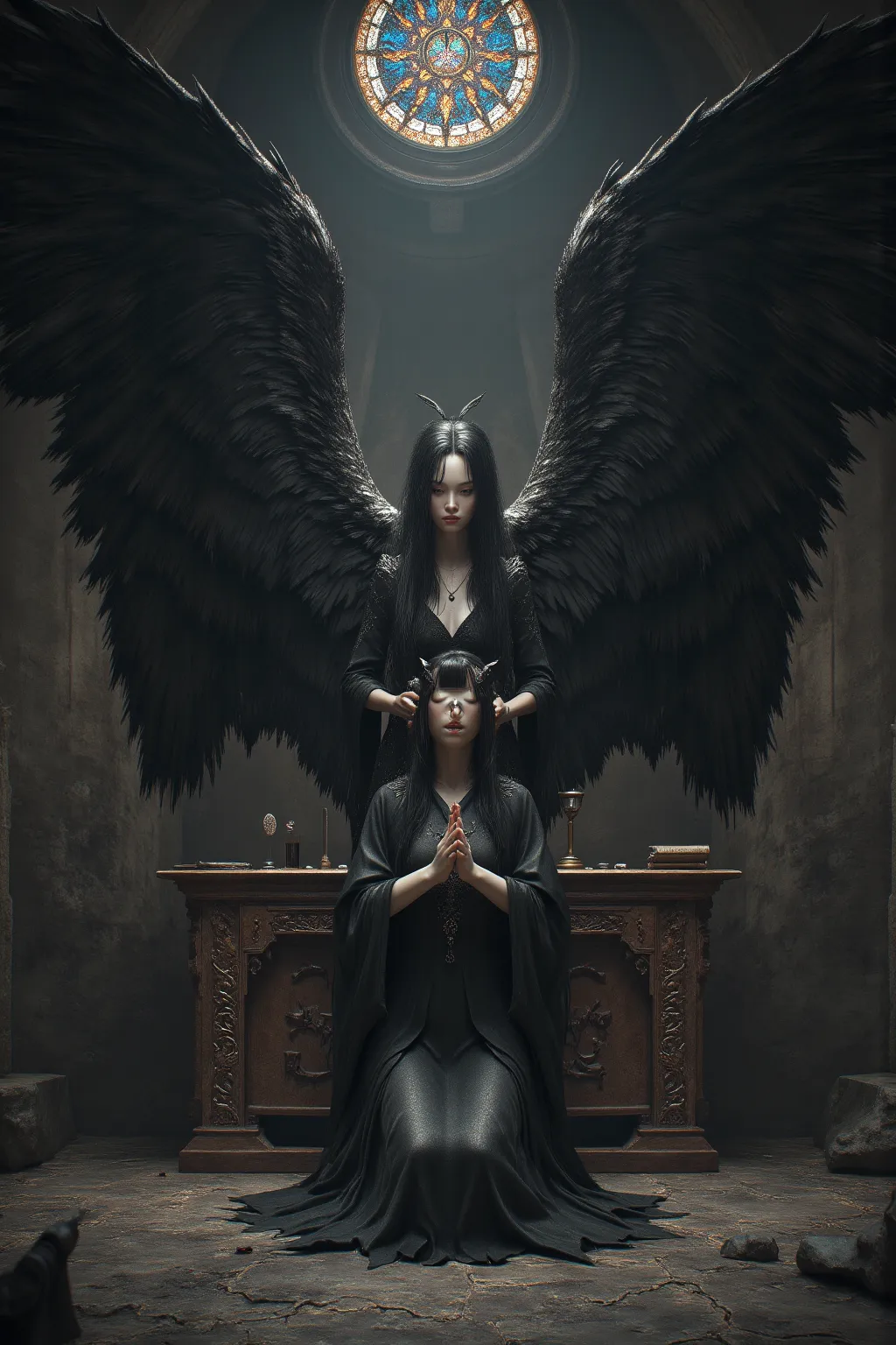 with high image quality、A devil with the face of a beautiful Japanese girl praying on an old altar in a dark chapel。Her black wings spread out、an atmosphere as if she were summoning something。The pose is random、mystical powers。