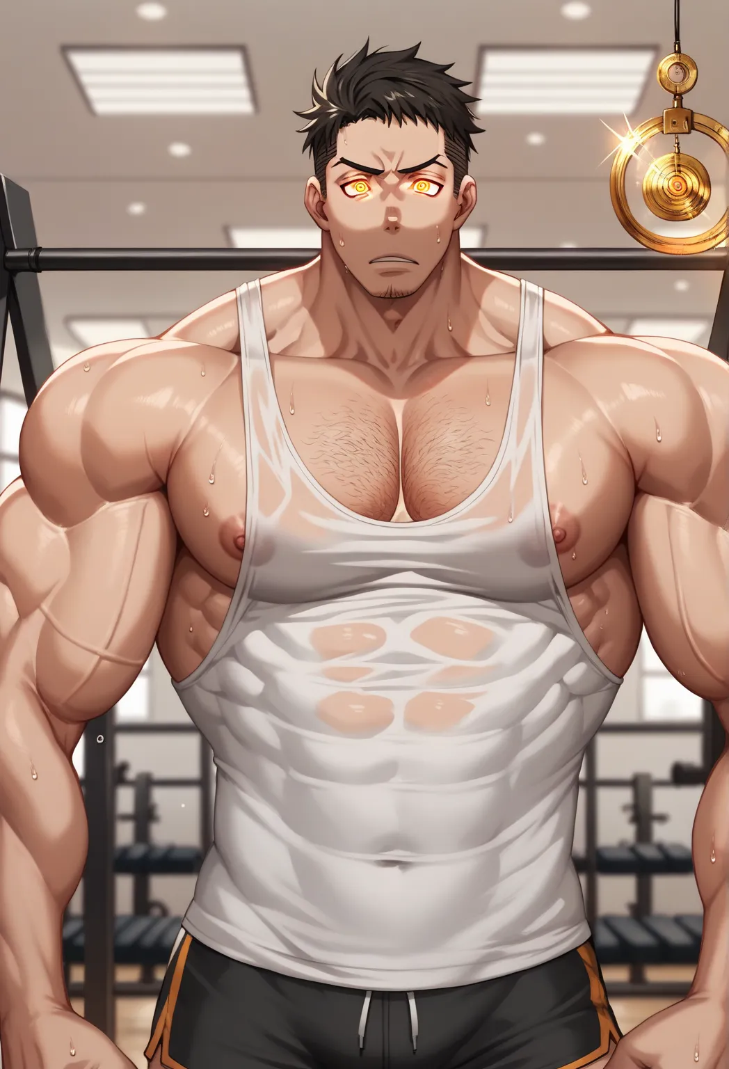 Akitaru Obi alone in the gym, staring at golden pendulum, stringer tanktop, gym shorts, muscular, muscles, big biceps, broad shoulders, massive pecs, sweaty, hairy chest, glowing golden spiral in the eyes, blank expression, vacant stare, hypnotized, brainw...