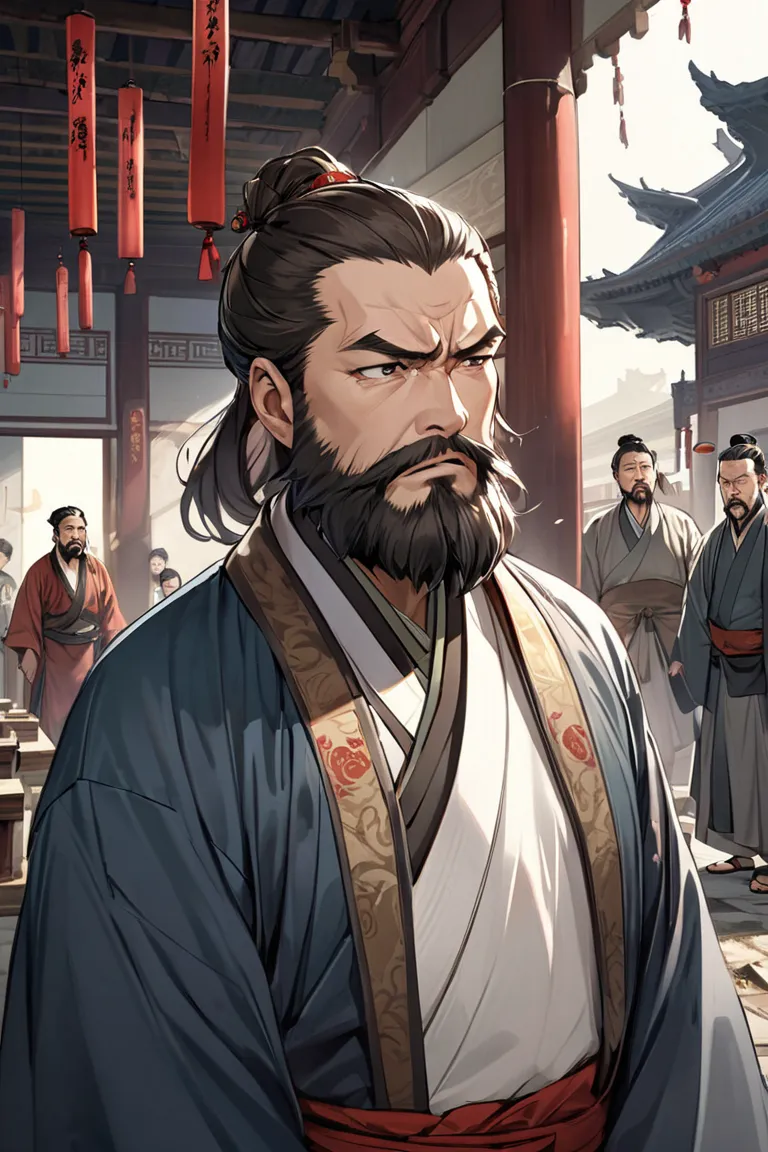 Curse expression，Father， middle-aged people，is unscrupulous，arrogant，beard，brunette，ancient oriental costume，In a dilapidated ancient Chinese government building