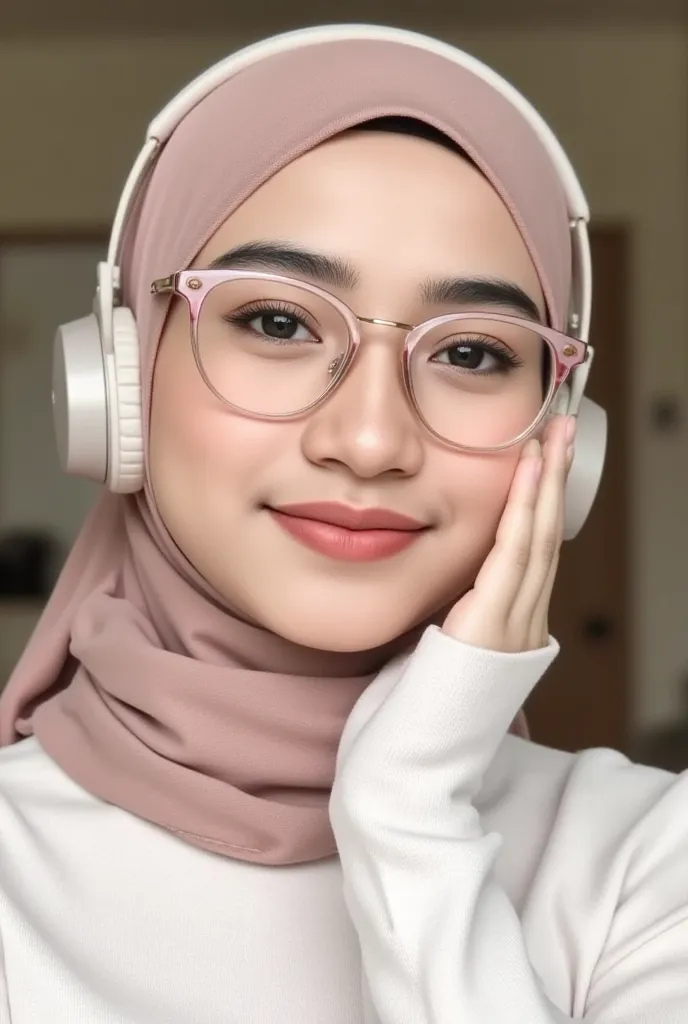 A young woman looks charming in a soft unraveled dusty pink hijab,  frames her face perfectly . Her sweet smile exudes a warm and friendly aura, while her gentle gaze gives the impression of calm and confidence.

She wears clear glasses with a thin pink fr...