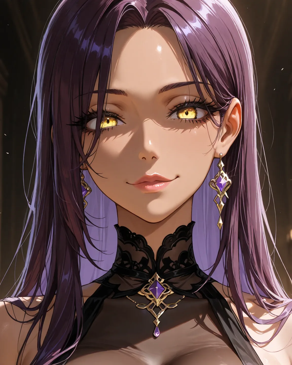 1 girl, long straight and dark purple hair, yellow eyes, large breast, black dress , long lashes, sexy face, elegant, perfect face, sexy face, light brown skin, close-up