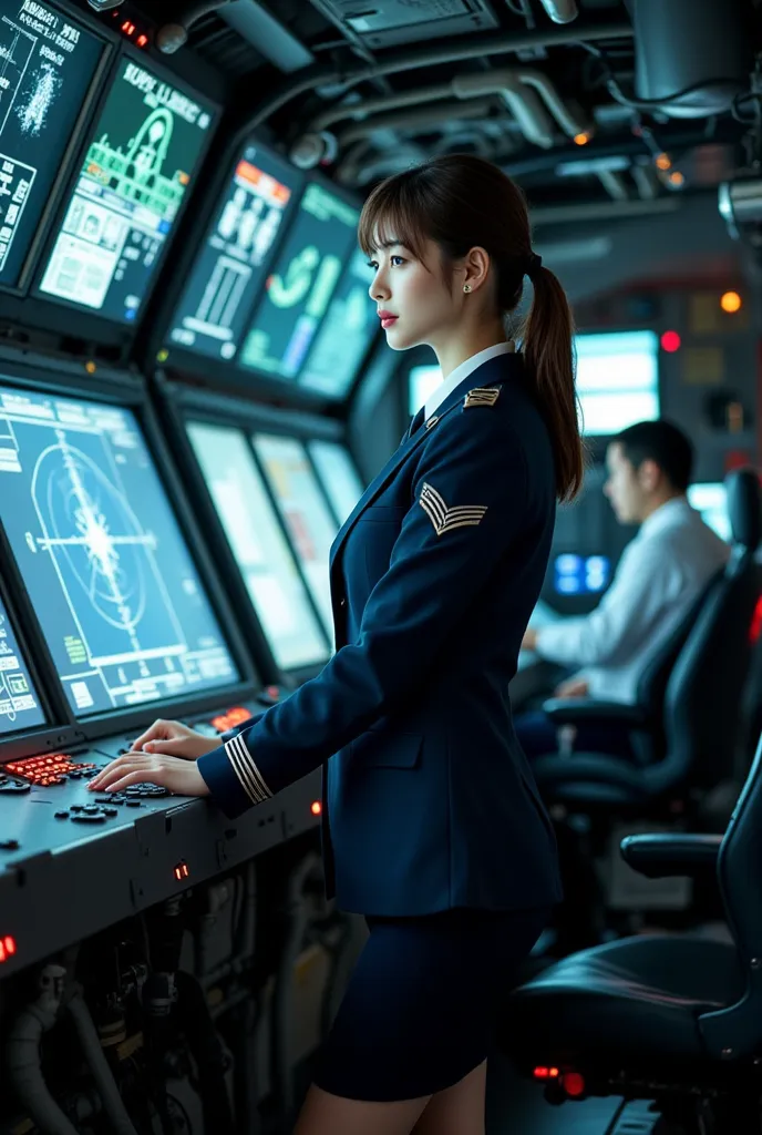 Sexy beautiful Japanese woman, a self defense officer uniform, wearing a white long-sleeved shirts, navy blue tailored jacket, navy blue tie, navy blue pencil skirt, Black patent high heels, epaulette, beautiful hip-line, Beautiful thighs, A woman stands w...