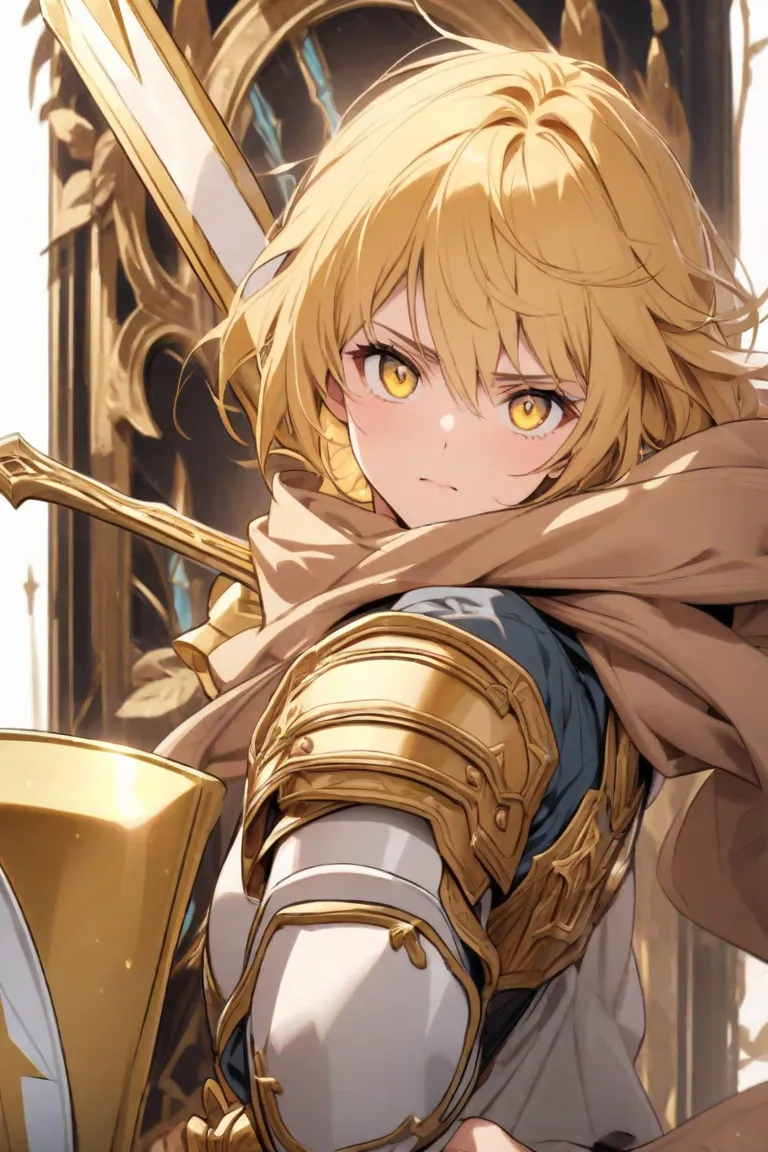 Golden hair yellow eyes wears a scarf wears hand armor wields the sword of truth and the shield of truth 