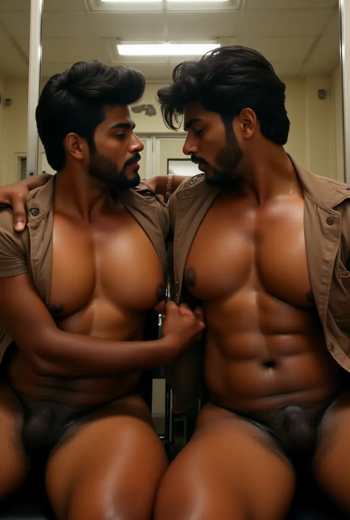 Two gay South Indian Tamil hot adult brown handsome man with hot muscular body wear half button open Indian brown police dress in the police station, romance, sit on chair, pinch nipples, big chest 