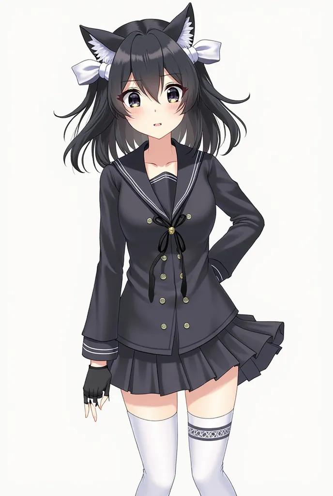 She is an anime girl with long black hair and white bows on both sides of her head, black eyes, wearing a black school uniform, a short skirt, and white stockings with a bow on them. She wears cat-foot gloves.