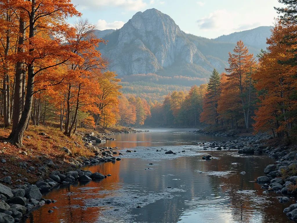 A serene autumnal landscape in the White Mountains, em New Hampshire. The scene features a dense forest with trees in winter. A calm river cuts through the landscape, reflecting the colors of fallen leaves and the golden sky. In the background, majestic ro...